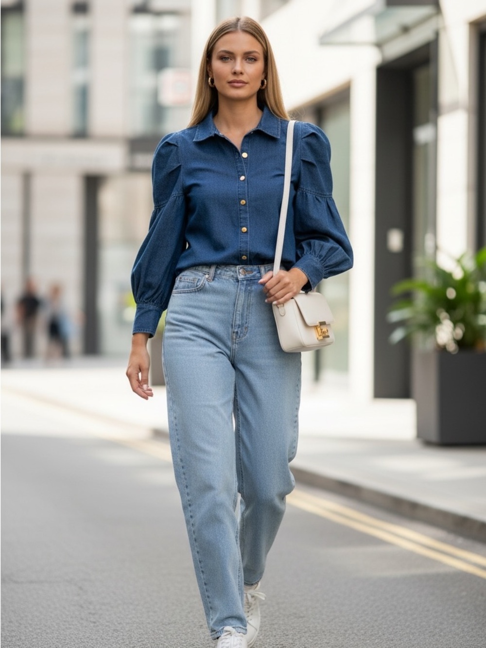 Modern Identity Denim Snap Front Puff Statement Sleeve Dark Wash Button Down Top